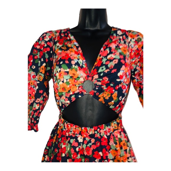 Red orange floral multi midriff cut out cotton v-neck midi dress size medium new - Picture 9 of 16